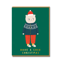 xmas jumper cat with writing "have a cosy christmas" xmas card